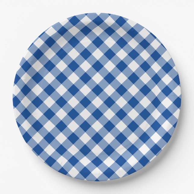 Deep Blue Gingham Country Wedding Paper Plate (Front)