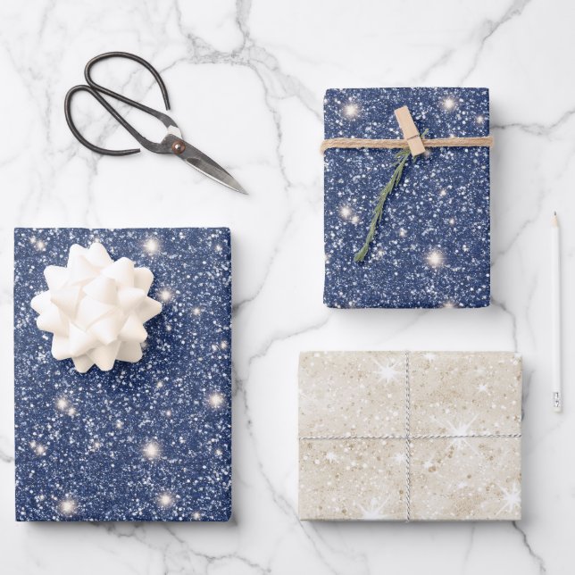 Deep Blue Glitter Cream Sand Birthday Wrapping Paper Sheet (Front)