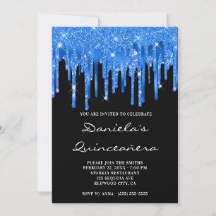 Deep Blue Glitter Foil Drips Black Quinceañera Invitation