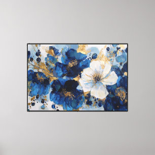 Deep Blue & Gold Floral Painting – Abstract Wall Canvas Print