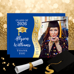 Deep Blue   Gold Graduate Wave Grad Cap Photo Thank You Card