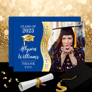 Deep Blue   Gold Graduate Wave Grad Cap Photo Thank You Card