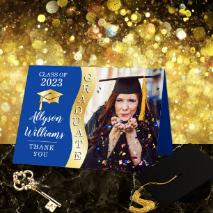 Deep Blue   Gold Graduate Wave Grad Cap Photo Thank You Card