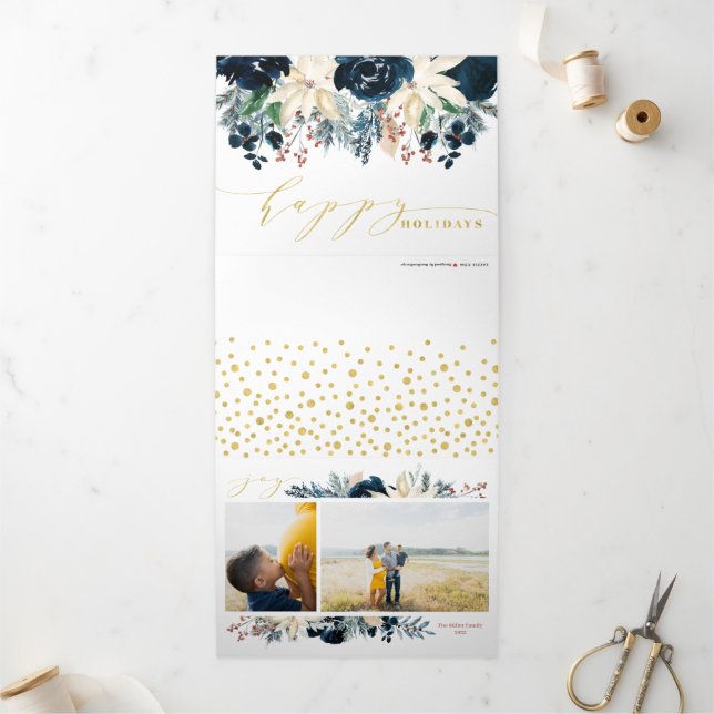 Deep Blue & Gold Joy Christmas Photo Holiday Card (Outside)