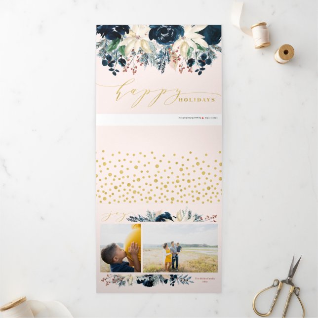 Deep Blue & Gold Joy Christmas Photo Holiday Card (Outside)