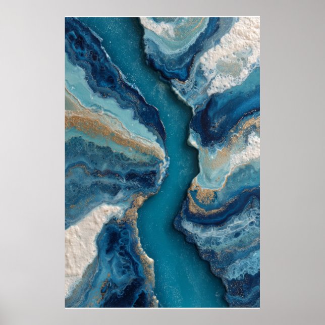 Deep Blue Gold Vein Ocean Abstract Poster (Front)