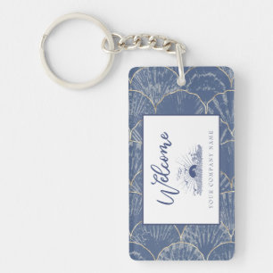 Deep Blue & Gold Watercolor Seashell Custom Key Ring