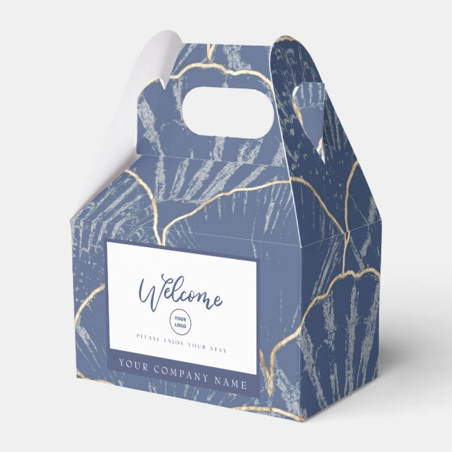 Deep Blue & Gold Watercolor Seashell Favour Box (Front Side)