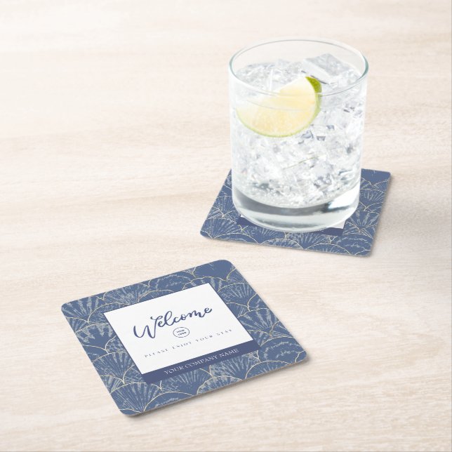 Deep Blue & Gold Watercolor Seashell Square Paper Coaster (Insitu)