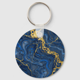 Deep Blue Golden Veins Abstract Key Ring