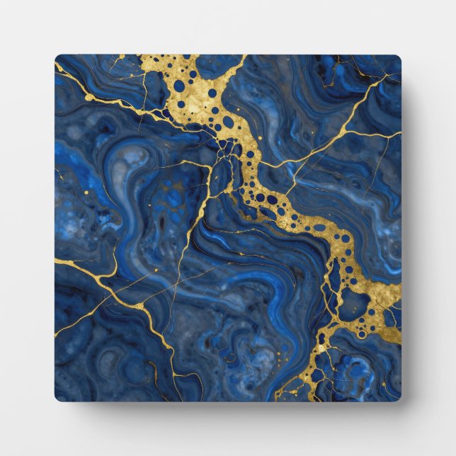 Deep Blue Golden Veins Abstract Plaque (Front)