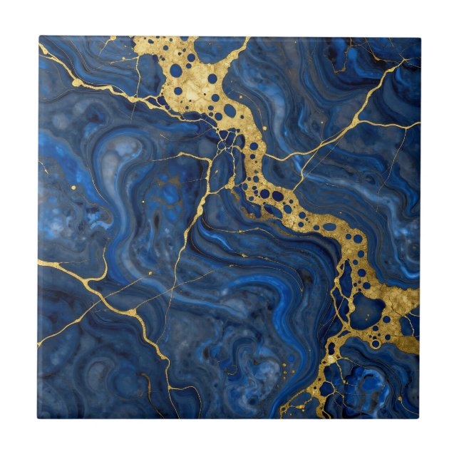 Deep Blue Golden Veins Abstract Tile (Front)