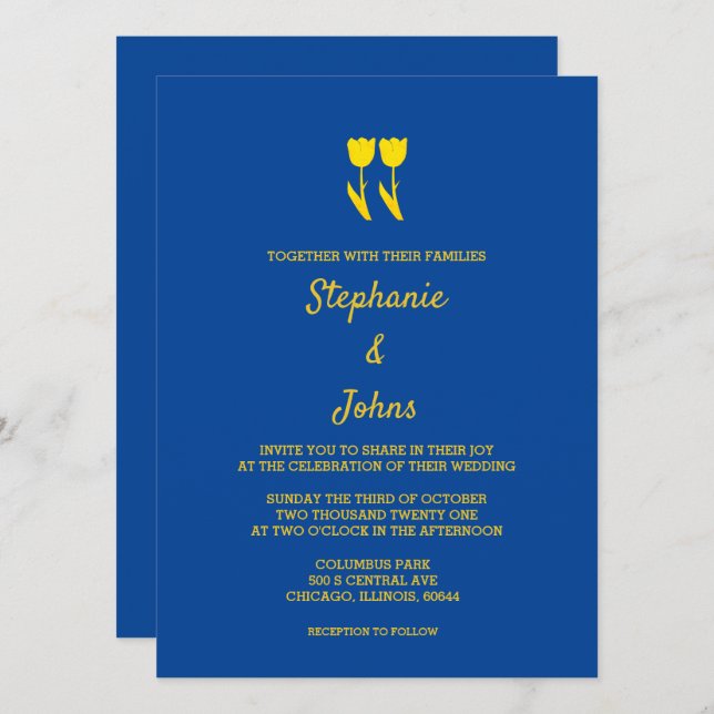 Deep Blue Golden Yellow Tulips Floral Wedding Invitation (Front/Back)