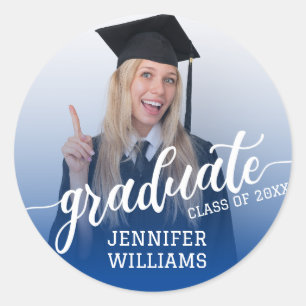 Deep Blue   Graduation Photo Grad Graduate Party Classic Round Sticker