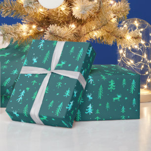 Deep Blue Green Illustrations Christmas Pattern   Wrapping Paper