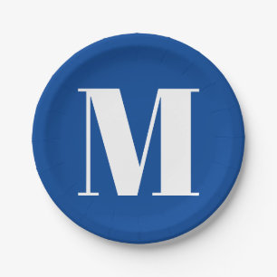 Deep Blue Initial Letter Monogram Modern Stylish Paper Plate
