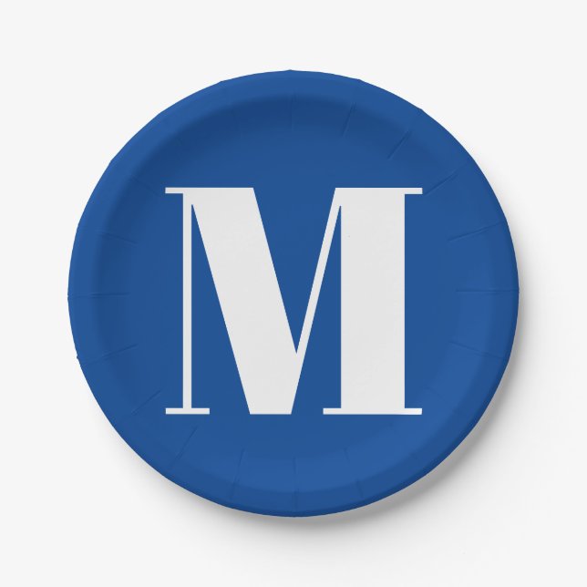 Deep Blue Initial Letter Monogram Modern Stylish Paper Plate (Front)