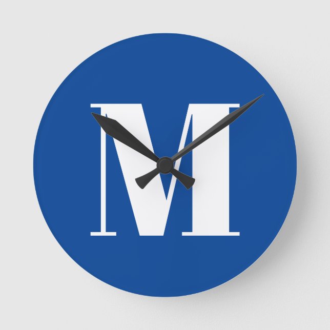 Deep Blue Initial Letter Monogram Modern Stylish Round Clock (Front)