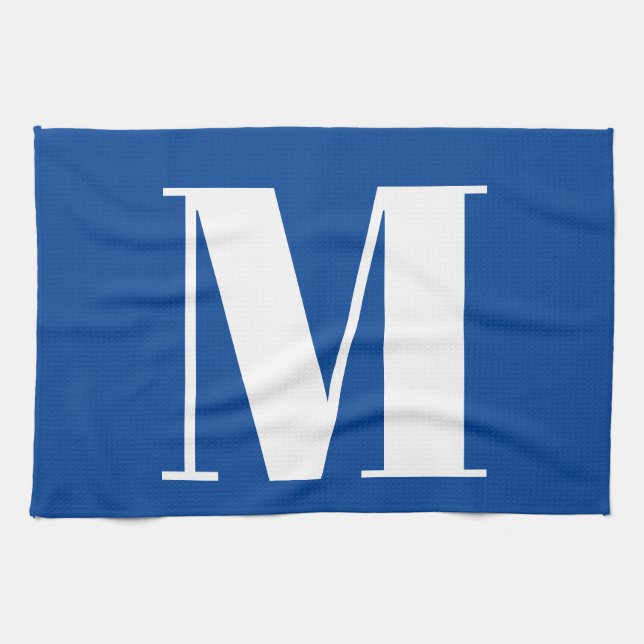 Deep Blue Initial Letter Monogram Modern Stylish Tea Towel (Horizontal)