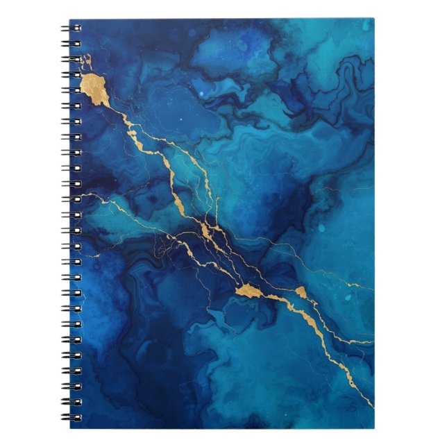 Deep Blue Ink Marble Notebook with Gold Flow Lines (Front)