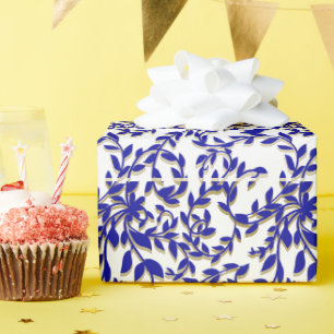 Deep Blue Leaves Brown Botanical Floral  Wrapping Paper