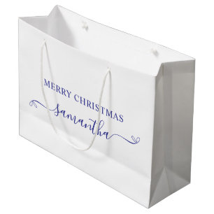 Deep Blue Merry Christmas Cute Bow Signature Name Large Gift Bag
