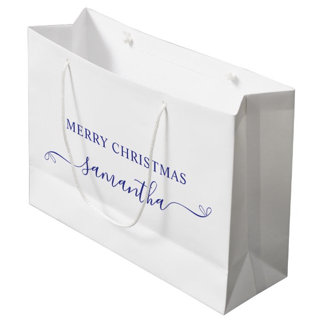 Deep Blue Merry Christmas Cute Bow Signature Name Large Gift Bag (Front Angled)