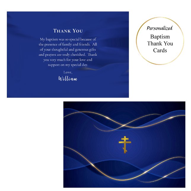 Deep Blue Metallic Gold Orthodox Christian Baptism Thank You Card (Creator Uploaded)