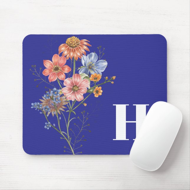 Deep Blue Monogram Simple Floral Mouse Mat (With Mouse)