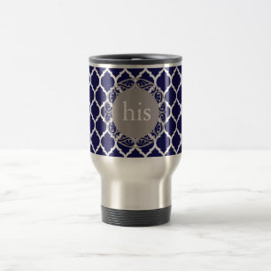 Deep blue Moroccan Quatrefoil Pattern Monogram Travel Mug