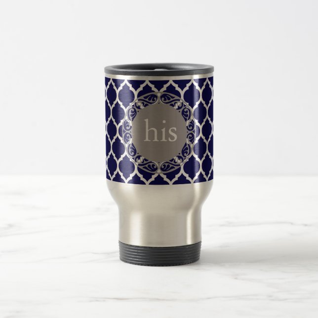 Deep blue Moroccan Quatrefoil Pattern Monogram Travel Mug (Center)
