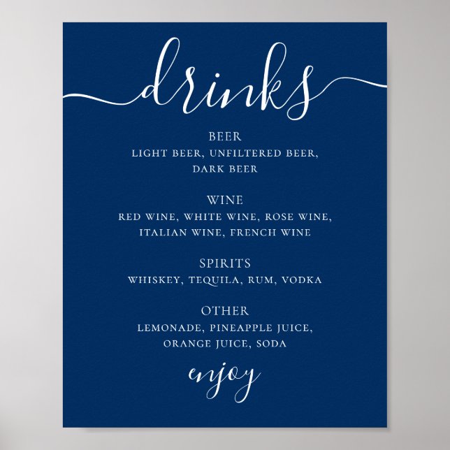 Deep Blue Navy Wedding Drinks | Nautical Bar Menu Poster (Front)