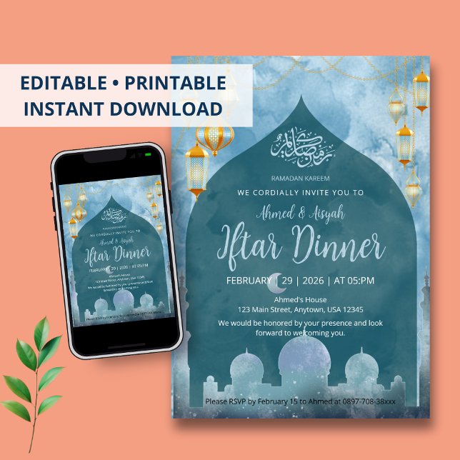 Deep Blue Night Mosque Silhouette Iftar Dinner Invitation (Creator Uploaded)