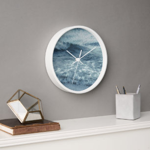 Deep blue northern beach with crashing waves clock