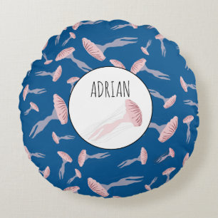 Deep Blue Ocean Jellyfish Pattern Custom Name Round Cushion