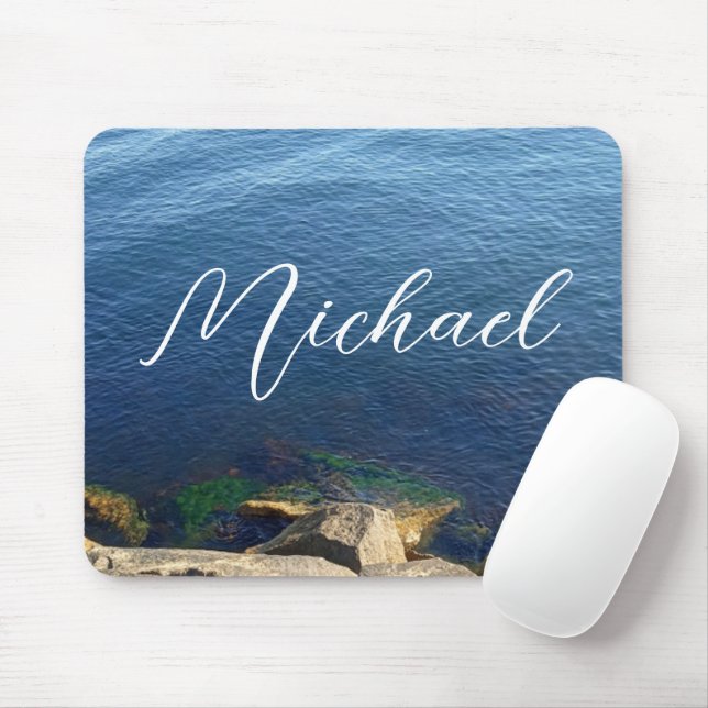 Deep Blue Ocean Photo Custom Name Flowy Letters Mouse Mat (With Mouse)