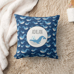 Deep Blue Ocean Whale Pattern Custom Name Cushion