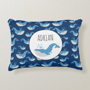 Deep Blue Ocean Whale Pattern Custom Name Decorative Cushion