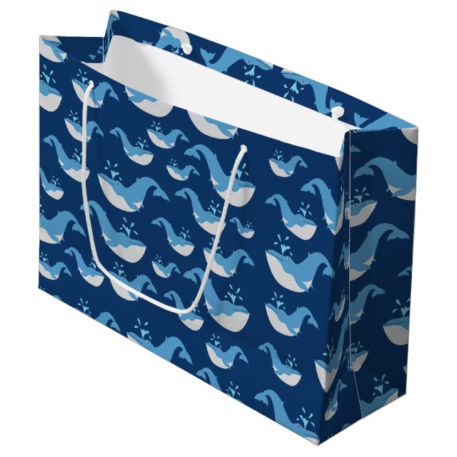 Deep Blue Ocean Whale Pattern Large Gift Bag (Front Angled)