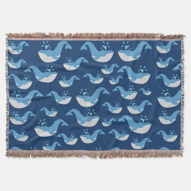 Deep Blue Ocean Whale Pattern Throw Blanket (Front)