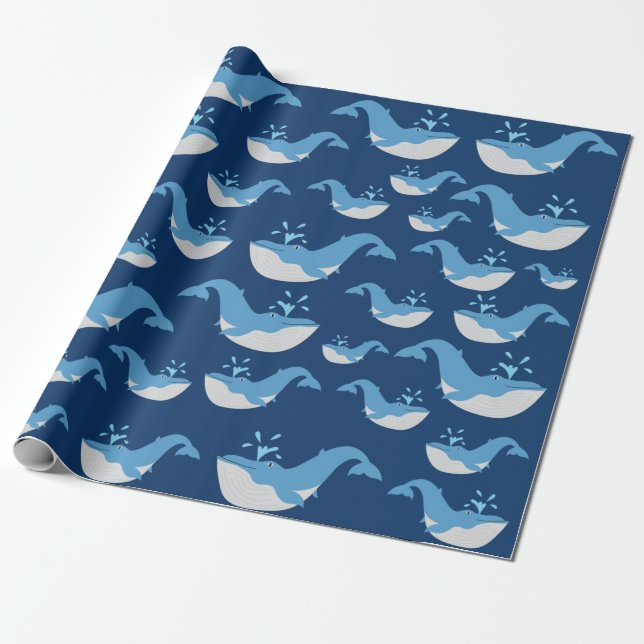 Deep Blue Ocean Whale Pattern Wrapping Paper (Unrolled)