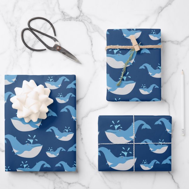 Deep Blue Ocean Whale Pattern Wrapping Paper Sheet (Front)