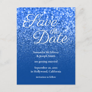 Deep Blue Ombre Bokeh Glitter Save the Date Postcard