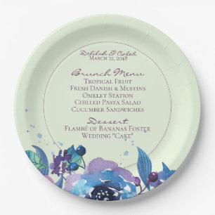 Deep Blue Purple Moody Twilight Floral Wedding Paper Plate