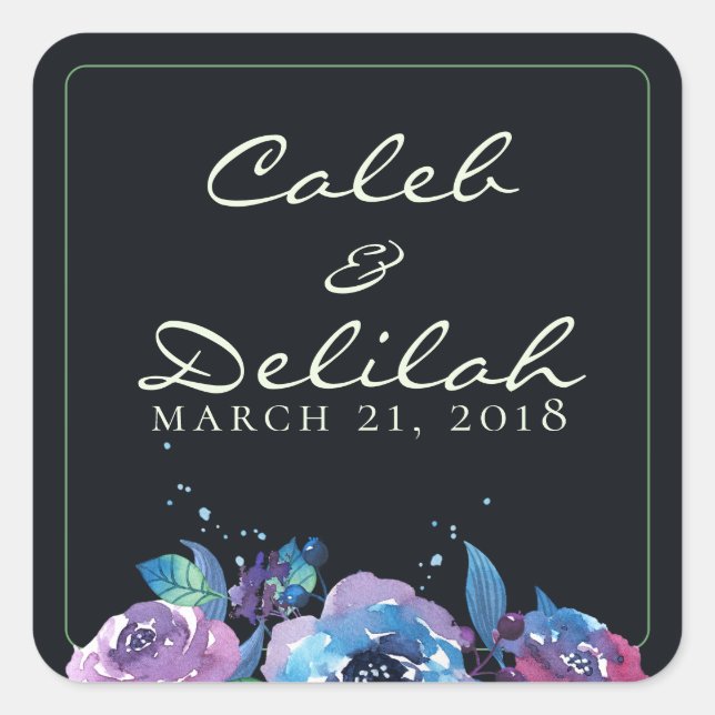 Deep Blue Purple Moody Twilight Floral Wedding Square Sticker (Front)