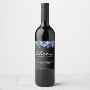 Deep Blue Purple Moody Twilight Floral Wedding Wine Label