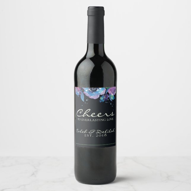 Deep Blue Purple Moody Twilight Floral Wedding Wine Label (Front)