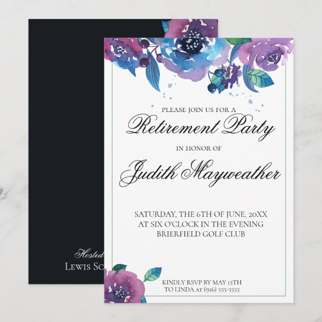 Deep Blue Purple Twilight Floral Retirement Invitation (Front/Back)