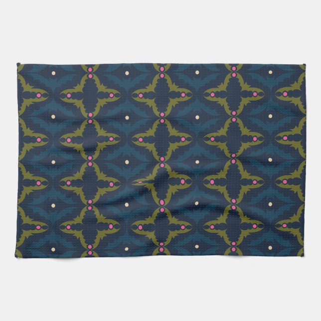 Deep Blue Retro Vintage Pattern  Tea Towel (Horizontal)