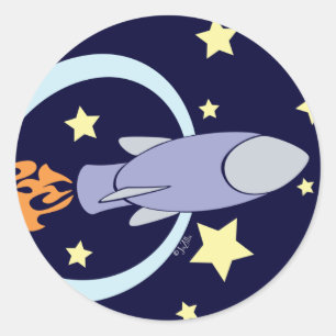 Deep Blue Rocket Kids Retro Space Classic Round Sticker